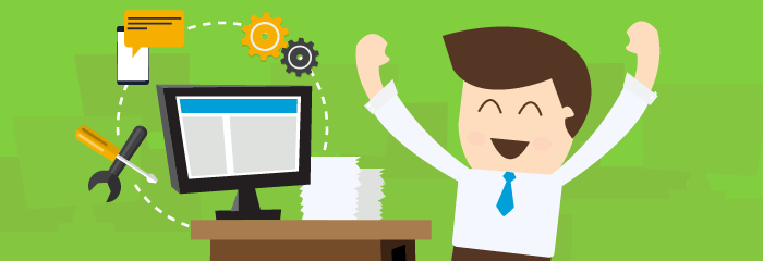 Business Man at Computer with Prototyping Tools