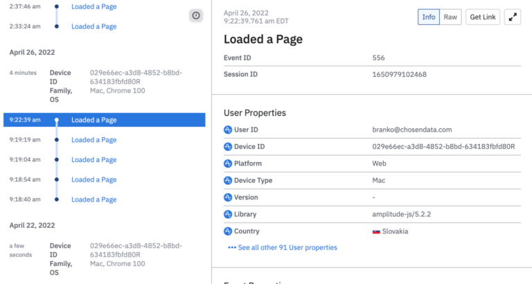 Sample user profile in Amplitude with a list of properties and a timeline of interactions